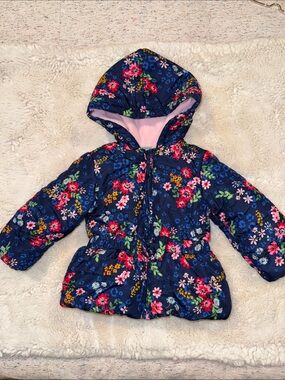 Little Me Navy Floral Hooded Puffer with Pink Lining